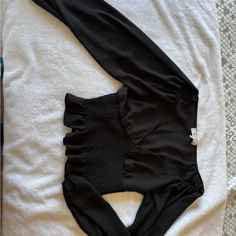 Wayf Black Long Sleeve Smocked Waist Blouse